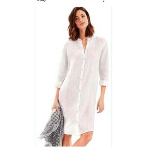 Eileen Fisher Petite M Organic Linen White Button Front Shirt Dress Lagenlook